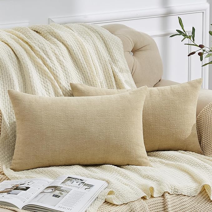 GAWAMAY Lumbar Decorative Throw Pillow Covers 12"x20" Inch Set of 2, Super Soft Chenille Rectangle Pillowcase for Living Room Bedroom Sofa Couch Cushion Support Pillow Cover 30x50cm Khaki (No Insert)