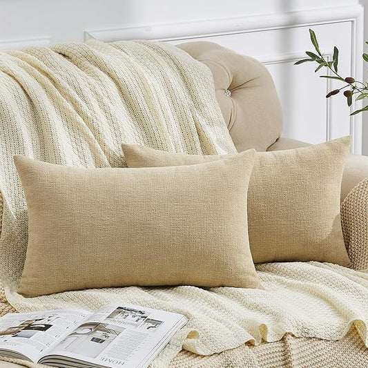GAWAMAY Lumbar Decorative Throw Pillow Covers 12"x20" Inch Set of 2, Super Soft Chenille Rectangle Pillowcase for Living Room Bedroom Sofa Couch Cushion Support Pillow Cover 30x50cm Khaki (No Insert)