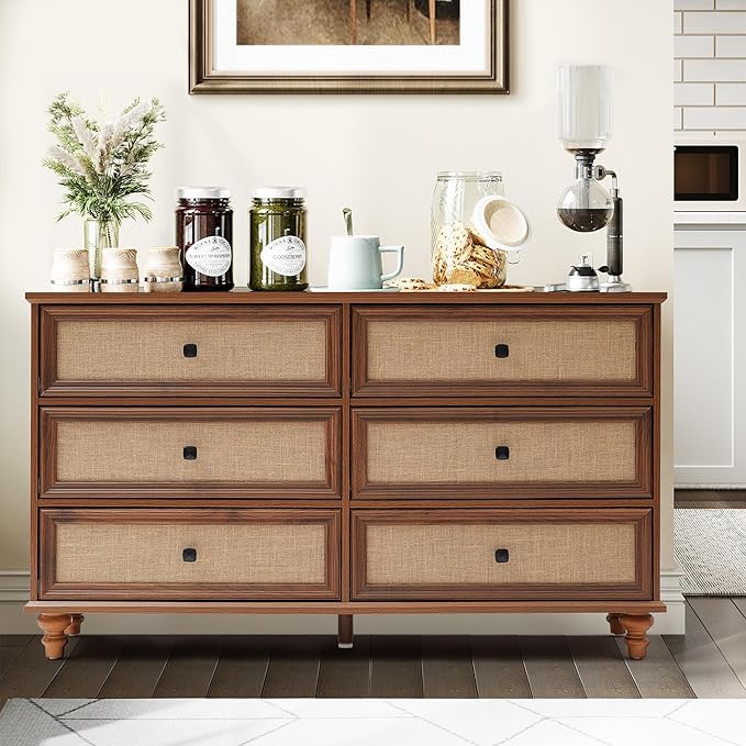 6 Drawer Dresser for Bedroom, Mid Century Modern Wide Wood Vintage Chest of Drawers Wooden Storage Organizer Burlap Rattan Drawers for Living Room, Hallway Closet, Entryway, Walnut