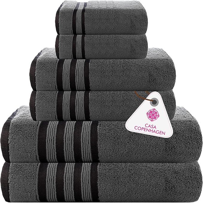 CASA COPENHAGEN Zero Twist, 6 Pieces Set 100% Cotton 0" Twist Towel Set- Pine Grey, 600 GSM, 2 Bath, 2 Hand, 2 Washcloths Made from Egyptian Cotton, Ultra Soft Luxury Towels for Bathroom.
