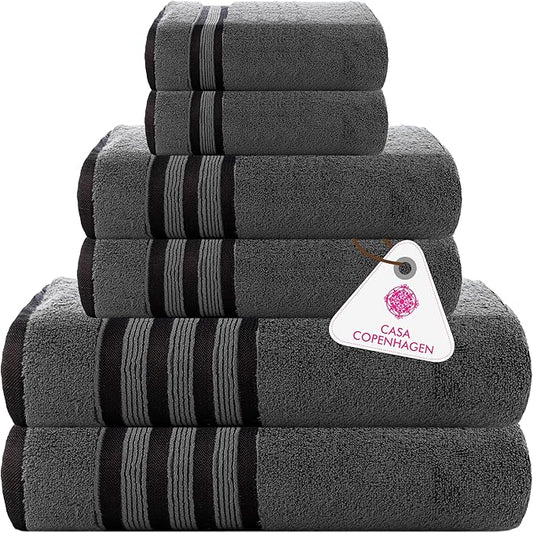 CASA COPENHAGEN Zero Twist, 6 Pieces Set 100% Cotton 0" Twist Towel Set- Pine Grey, 600 GSM, 2 Bath, 2 Hand, 2 Washcloths Made from Egyptian Cotton, Ultra Soft Luxury Towels for Bathroom.