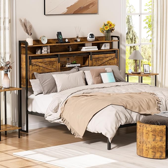 wanan Queen Size 3 Tier Storage Headboard with Outlets, USB Ports and LED Light, Sliding Barn Doors, Width Adjustable