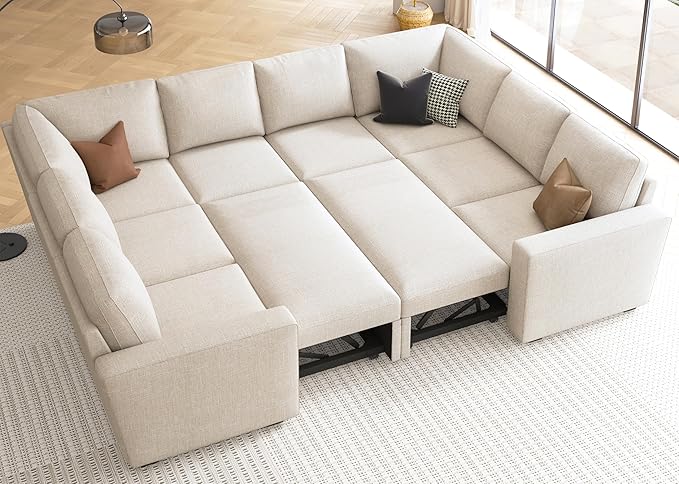HONBAY Sleeper Sectional Couch with Pull Out Bed, Modular Sofa with Storage Seats, U Shaped Sectional Couches for Living Room, Beige