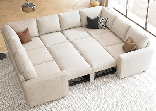 HONBAY Sleeper Sectional Couch with Pull Out Bed, Modular Sofa with Storage Seats, U Shaped Sectional Couches for Living Room, Beige