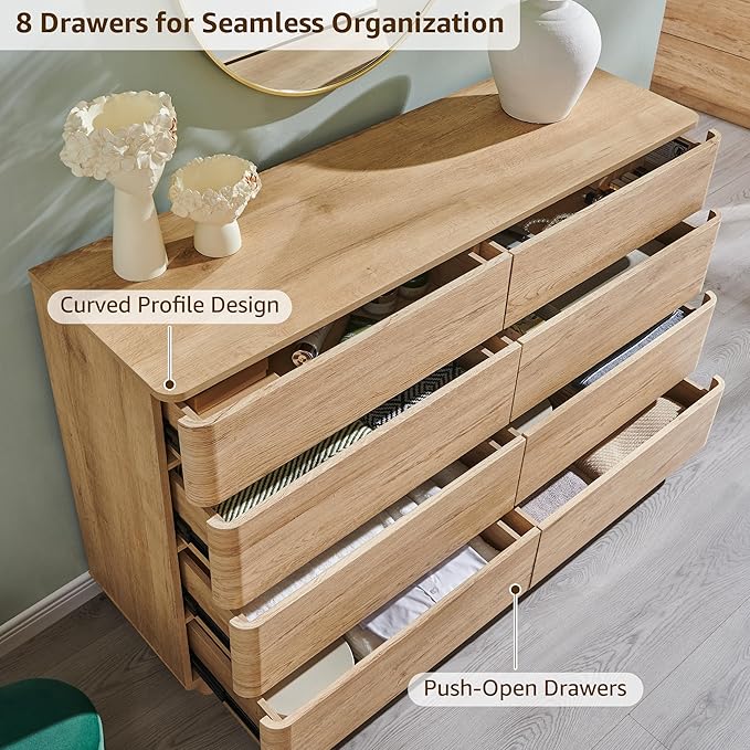 8 Drawer Dresser for Bedroom, 52 Inch Wide Modern Chest of Drawers, Push-to-Open Wood Storgae Organizer with Large Drawers for Bedroom, Living Room, Hallway,Natural Oak