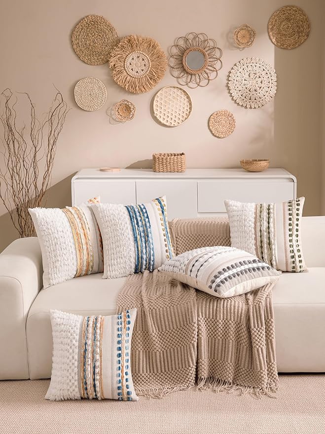 KOOLIFE Boho Chenille Tufted Couch Throw Pillow Covers 18x18 Inch Set of 2 Farmhouse Striped Decorative Pillow Covers Accent Neutral Pillowcase Caramel Brown Blue Cushion Cover for Livingroom Sofa Bed
