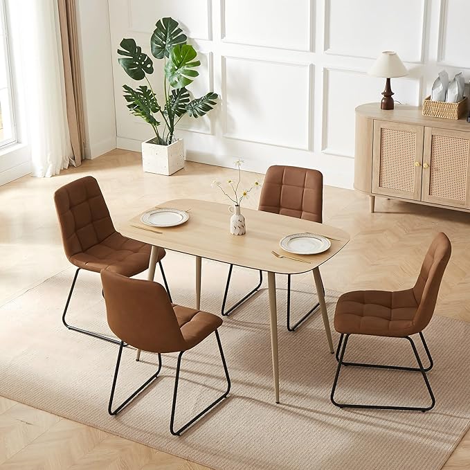 Modern 47.2" Dining Table Set for 4 with Leather U-Shaped Chairs, Wood Table with Cat Scratch-Resistant Surface, Ideal for Kitchen & Dining Room
