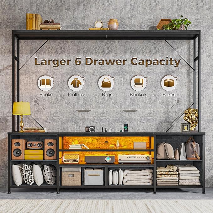 TV Stand for 55 60 inch TV, Large Wall Unit Entertainment Center with LED Lights & Power Outlets, TV Stands for Living Room, Closet, Entryway,13.8" D x 55" W x 61" H, Black