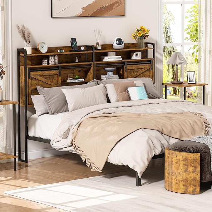 wanan Headboard King Size with Storage, 3 Tier Size Headboard only with Outlets, USB Ports and LED Light Strip, Headboards with Sliding Barn Doors, Adjustable Shelf (Brown, King (U.S. Standard))