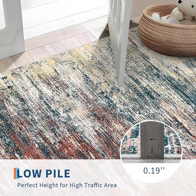 Modern Abstract Area Rug 4x6 Washable Rug for Living Room, Ultra Soft Rug for Bedroom, Non Slip Indoor Floor Carpet, Stain Resistant Rugs for Home Decor Office, Red Multi