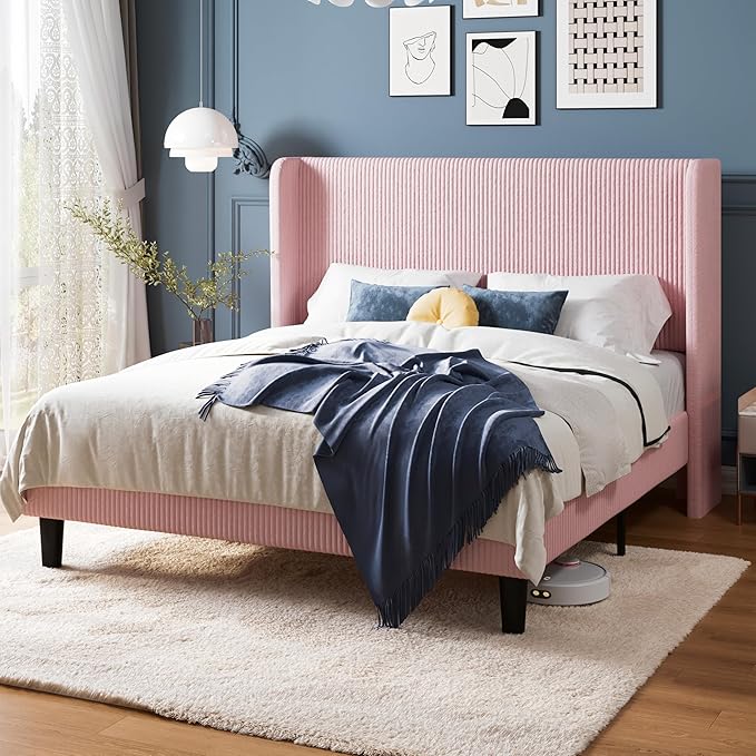 Allewie Queen Size Bed Frame with Upholstered Wingback Headboard, Vertical Channel Tufted Corduroy Velvet Platform Bed, Strong Wooden Slats Support, No Box Spring Needed, Easy Assembly, Light Pink
