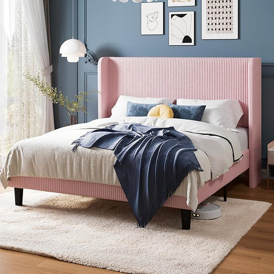 Allewie Queen Size Bed Frame with Upholstered Wingback Headboard, Vertical Channel Tufted Corduroy Velvet Platform Bed, Strong Wooden Slats Support, No Box Spring Needed, Easy Assembly, Light Pink