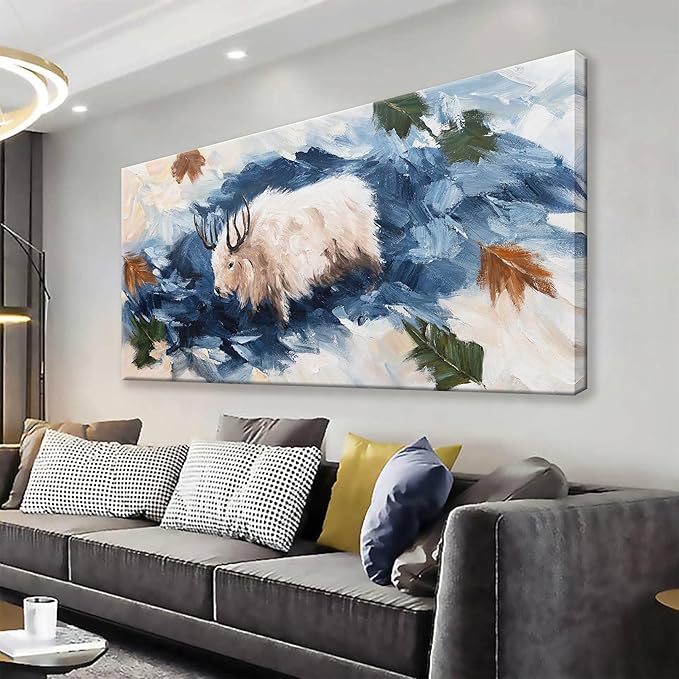 Tsomzxng Canvas Wall Art Decor White Cow Dark Blue Poster Gothic Animal Abstract Wall Decor Prints Wildlife Animal Abstract Artwork Pictures Painting Picture For Bedroom Living Room Office 24x48 Inch