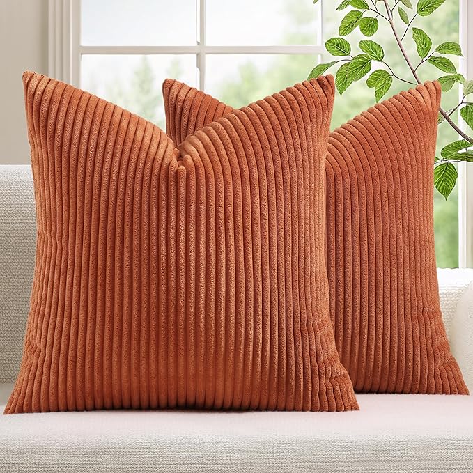 Mecatny Corduroy Decorative Fall Throw Pillow Covers 22x22 Set of 2 for Sofa Living Room, Soft Burnt Orange Neutral Boho Couch Pillow Covers for Home Decor, Rust