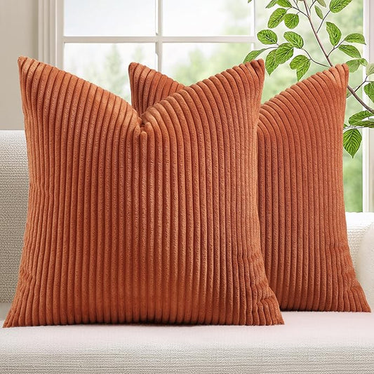 Mecatny Corduroy Decorative Fall Throw Pillow Covers 20x20 Set of 2 for Sofa Living Room, Soft Burnt Orange Neutral Boho Couch Pillow Covers for Home Decor, Rust
