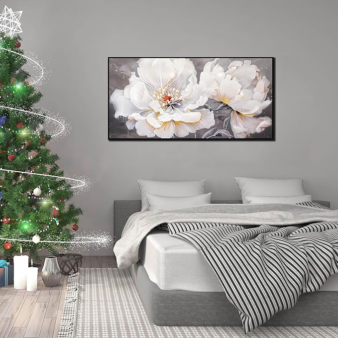 White Flower Painting Wall Decor for Living Room - Modern Framed Wall Art Bedroom - Home Decor for Women Ready to Hang Size 24" x 48"