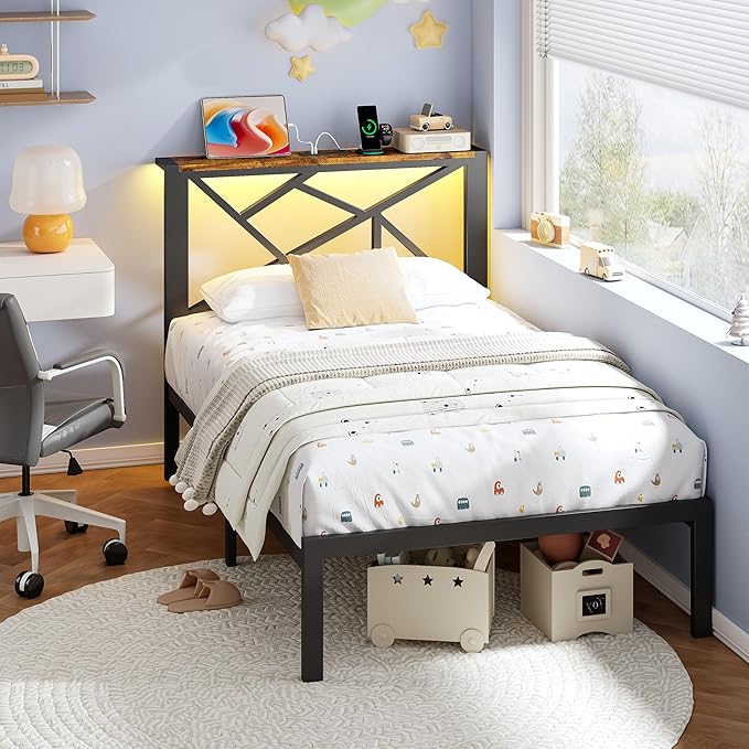 Twin Size Black Metal Bed Frame with USB Charging Station, LED Ambient Lighting, and Wooden Storage Headboard - Includes Under-Bed Storage, No Box Spring Needed, Noise Free, Easy Assembly