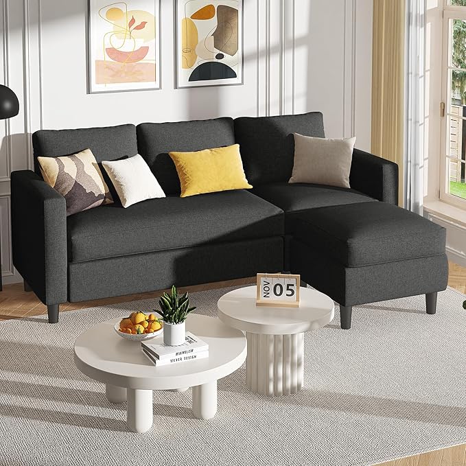Shintenchi Small Sectional Couch Sofas, 3 Seat L Shape Sofa with Ottoman, Fabric Upholstered Convertible Sofa Couches, Small Couch for Apartments, Living Room and Office (Black)