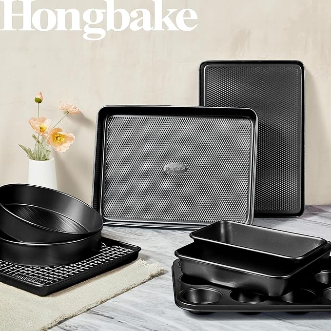 HONGBAKE 9-Piece Baking Pans Set Nonstick, Stackable Non Toxic Bakeware Sets with Diamond Texture, Oven Pan Set for Cooking, Includes Cookie Sheet with Rack, Cake Pan, Roasting Pan, Muffin Tin, Gray
