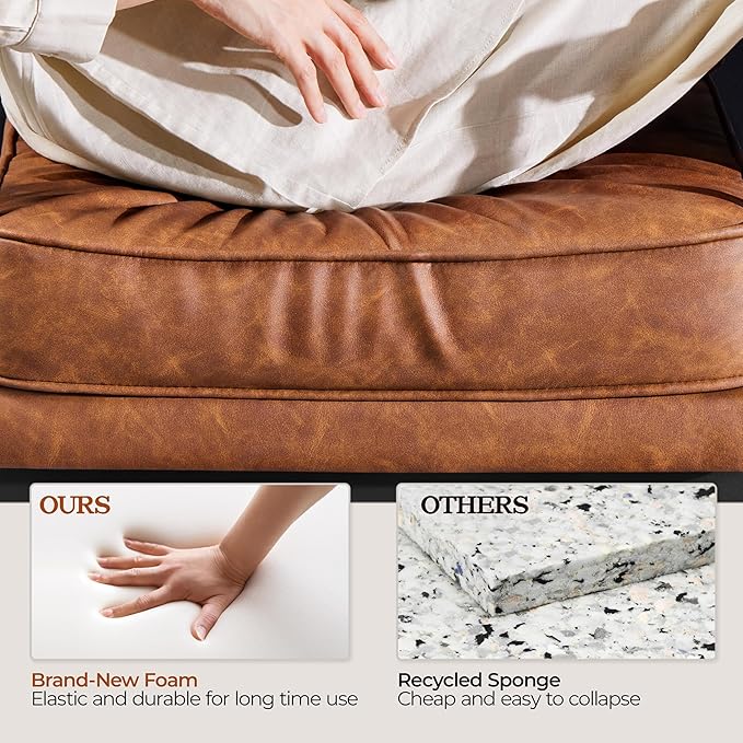 Yaheetech PU Leather Armchair, Retro Leisure Accent Chair with Extra Soft Padded and Cushion, Modern Reading Arm Chair with Black Metal Frame for Living Room/Office/Bedroom/Study, Light Brown