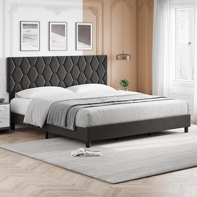 GAOMON Grey King Upholstered Bed Frame with Headboard, Heavy-Duty Platform Bed Frame with Strong Wood Slats, No Box Spring Needed/Easy Assembly/Noise Free