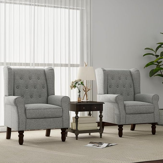 Accent Chair, Upholstered Armchair with Button Tufted High Back & Solid Wood Legs, Comfy Wingback Reading Single Sofa Chair for Small Spaces, Living Room, Bedroom (Light Grey, Set of 2)