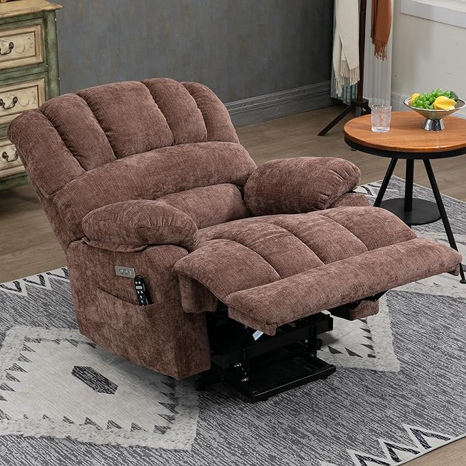 Large Power Lift Recliner Chair with Massage and Heat for Elderly, Ergonomic Backrest, Infinite Adjust, 2 Side Pockets,USB and Type-C Ports, Chenille Brown