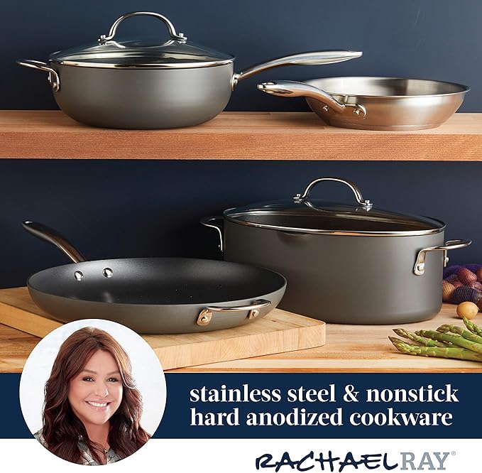 Rachael Ray Professional Hard Anodized Nonstick Sauce Pan/Saucepan/Saucier with Helper Handle and Lid, 4 Quart - Gray