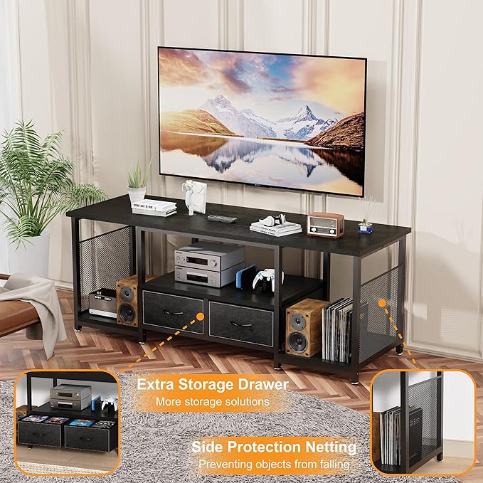 TV Stand with Drawers and Open Storage Shelves for 75 70 65 Inch TV, Entertainment Center with Open Storage Shelves, Industrial Media TV Console Table for Living Room Bedroom Office, Black
