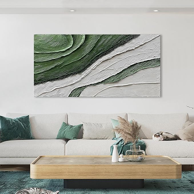 Art 30x60 inch Hand Painted Green and White Textured Oil Paintings Modern Abstract Canvas Art Home Wall Decoration