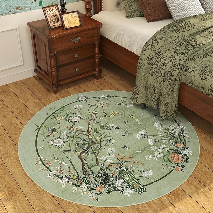 Circle Rug 4ft Chinoiserie-Style Floral Vintage Washable Round Rug Non Slip Low Pile Small Circular Rug for Bedroom, Bathroom, Entryway, Kids Room, Office, Green