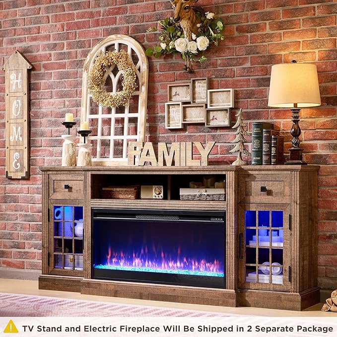 Farmhouse Fireplace TV Stand for 80 Inch TV, Entertainment Center w/ 36'' Electric Fireplace & LED Lights, Mordern Media Console with Storage Drawers & Cabinets for Living Room, Light Brown