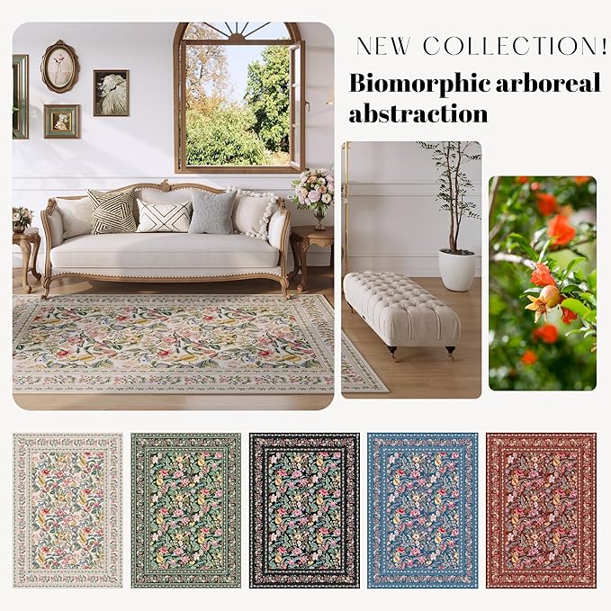 Area Rugs 8x10 for Living Room Clearance Washable Vintage Floral Rug Non Slip Low Pile Large Rug for Bedroom, Farmhouse, Dining Room, Kids Playroom, Beige