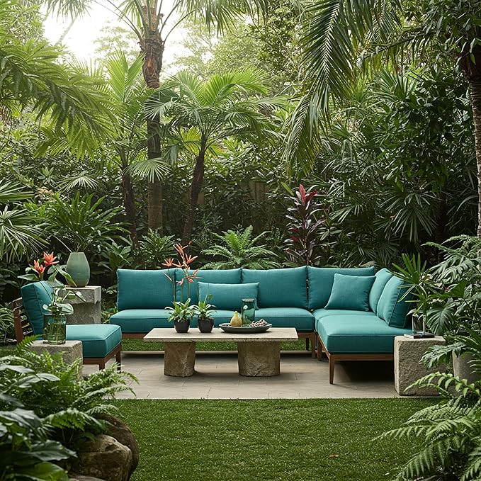 RSH DECOR: Sunbrella Square Throw Pillows Set of 4 | 24" x 24" | Water and Fade-Resistant Performance Fabric | Outdoor Pillow Covers with Down-Alternative Inserts | Spectrum Peacock