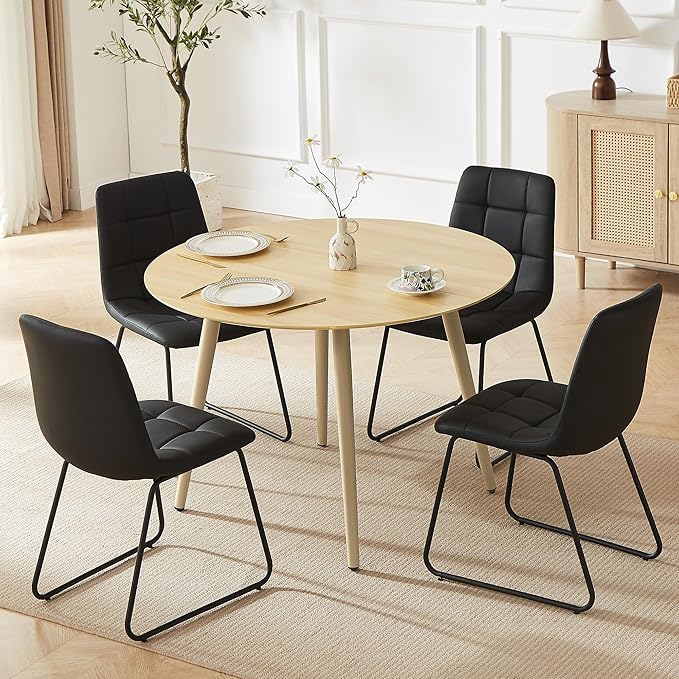 43.3 Inch Round Dining Table Set for 4, Modern Small Kitchen Coffee Set for Dining Room Kitchen Apartment (Cream Table+4 U-Shaped BlackChairs)