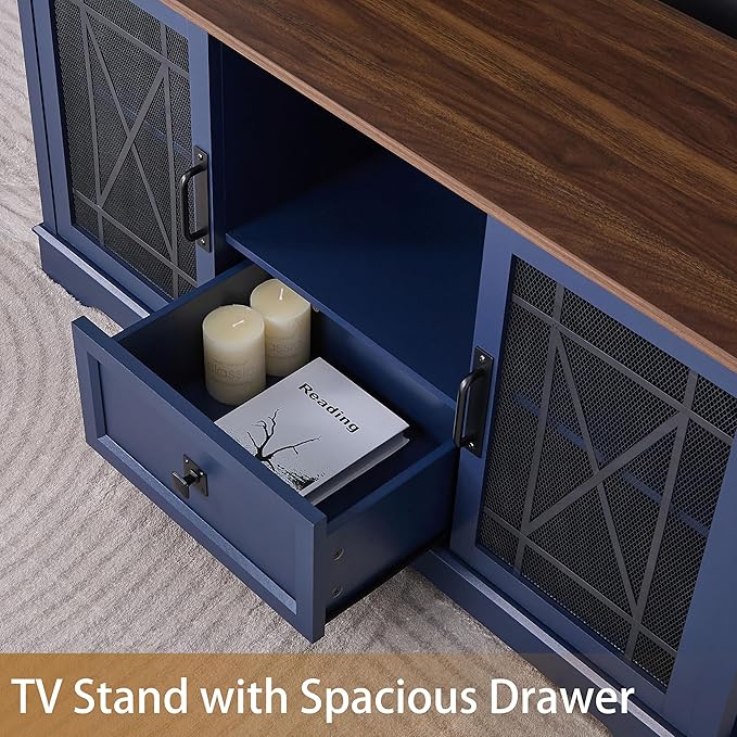 Entertainment Center Blue TV Stand with Charging Station Modern 55'' Television Stand Console with Adjustable Storage Shelves, Rustic Media Storage Cabinet for Living Room and Bedroom