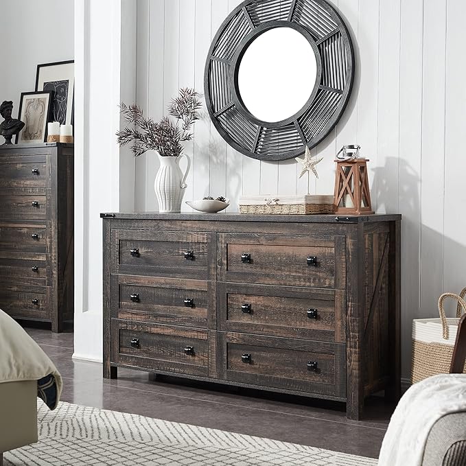 T4TREAM Farmhouse 6 Drawers Dresser for Bedroom, Wood Rustic Wide Chest of Drawers, Storage Dressers Organizer for Bedroom, Living Room, Hallway, Dark Rustic Oak