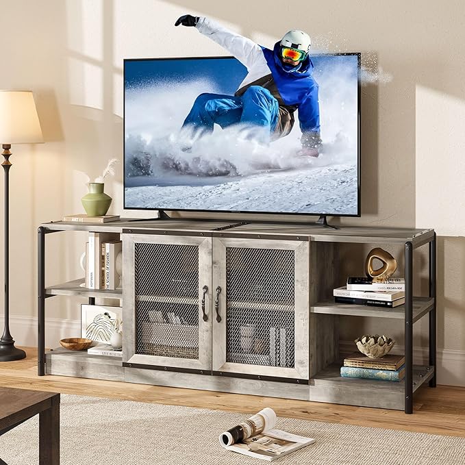 CABIHOME Farmhouse TV Stand for 65/75 Inch TVs, Entertainment Center with Storage Cabinet and Mesh Doors, Industrial Media Console Table, Furniture for Living Room, Light Grey