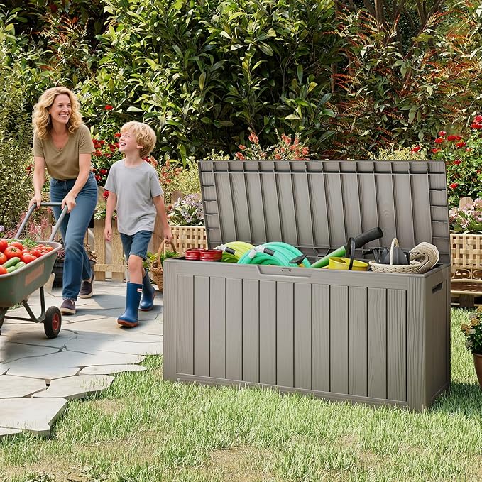 Outdoor Storage Box, 72 Gallon Waterproof Resin Deck Box, Storage Bin for Package Delivery, Patio Furniture Cushion, Garden Tools, Pool Accessories, Weatherproof and UV Resistant, Grey