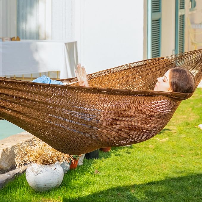 PNAEUT Mayan Hammock, Handwoven XL Thick Soft Rope Hammocks for Outdoor Indoor, Max 600 lbs Capacity, Tree Straps & Carabiners Included (Desert)