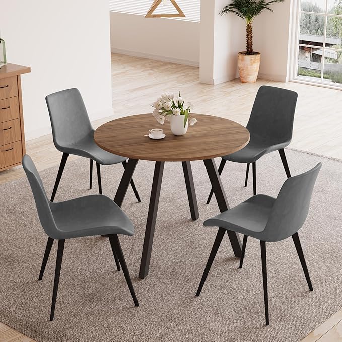 34.6'' Round Dining Table and Chairs for 4 Space Saving for Apartment Kitchen Dining Room (Walnut Table+4 Grey Chairs)