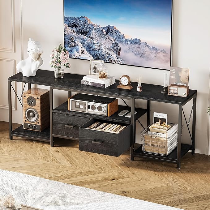 Homeiju TV Stand for TVs up to 75 Inch, Entertainment Center with Fabric Drawers, TV Media Console Table with Open Storage Shelves for Living Room, Bedroom, Black