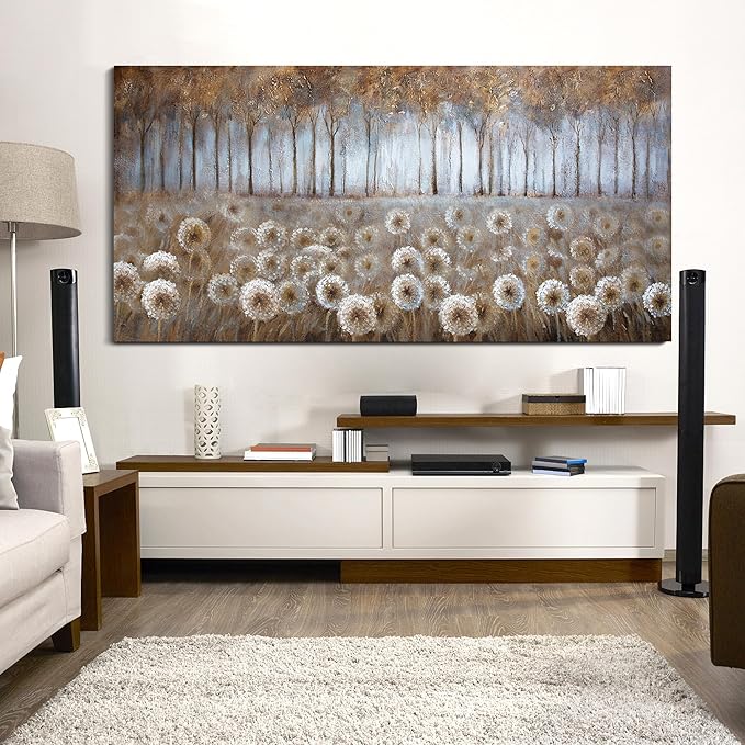 Large Living Room Wall Decor Brown Dandelion Canvas Wall Art Abstract Tree Forest Theme Picture Wall Decoration Modern Framed Prints Artwork Ready to Hang for Bedroom Home Wall Decor Size 29x58 inch
