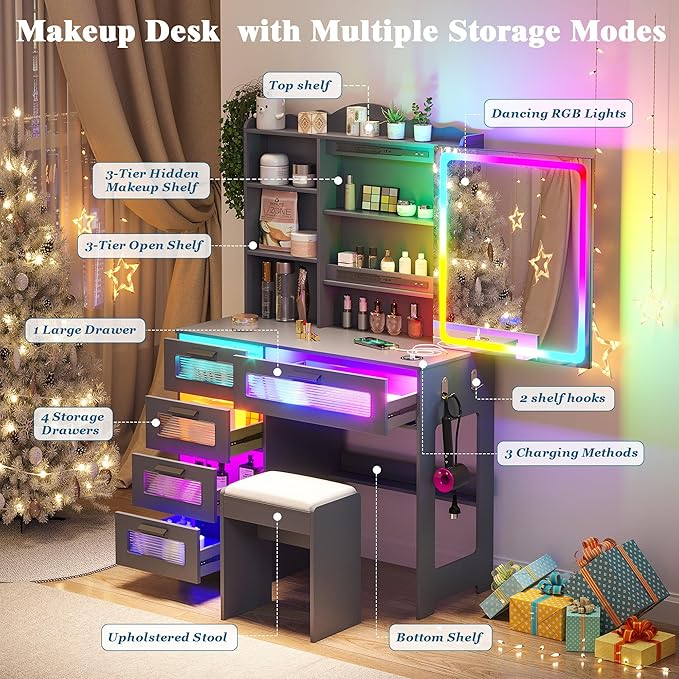 Vanity Desk with Lights and Sliding Mirror, Makeup Vanity Desk with Charging Station, Vanitys Dressing Table with Stool,LED Vanity Set with Large Drawers&Shelves for Bedroom, Decor, Grey