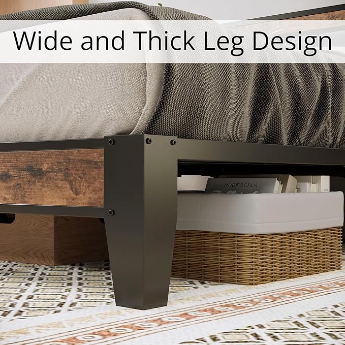 LIKIMIO Queen Bed Frame, Storage Headboard with Charging Station, Solid and Stable, Noise Free, No Box Spring Needed, Easy Assembly