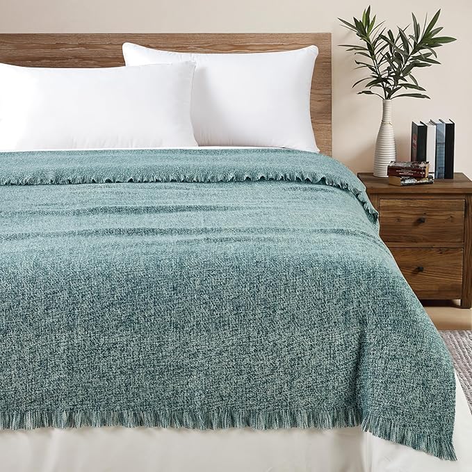 BOURINA Faux Cashmere Fringe Throw Blanket Decorative Lightweight Throw Soft Cozy for Bed or Sofa Outdoor Blanket, 50x70 Inches Teal
