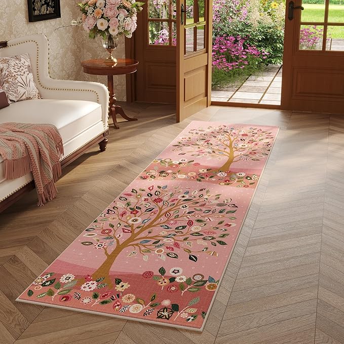 Runner Rug for Kitchen Rug Non Slip 2'x6' Washable Rugs Floral Tree with Rubber Backing Bohemian Soft Carpet Runner for Kitchen, Laundry, Bedroom, Bathroom, Pink