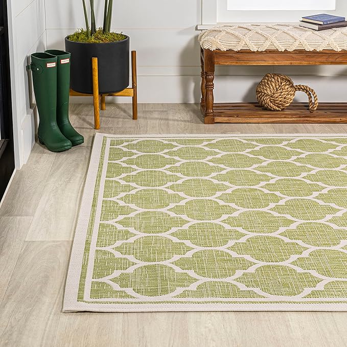 Eyely BMS109G-4 Santa Monica Trebol Moroccan Trellis Textured Weave Indoor/Outdoor Area Rug Coastal;Bohemian, Bedroom, Backyard, Patio, Easy-Cleaning, Non-Shedding, 4 X 6, Green/Cream