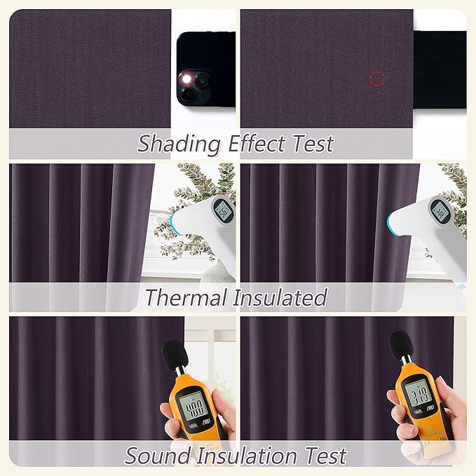 Guken Blackout Curtains 63 Inch Length 2 Panels Set for Living Room Bedroom Back Tab Thermal Insulated 100% Black Out Linen Drapes Room Darkening Window Curtains 63 Inches Long,Plum