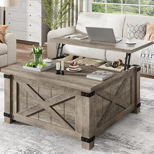 EnHomee Lift Top Coffee Table with Storage, 36" Farmhouse Coffee Tables for Living Room, Square Coffee Table with Large Hidden Space, for Living Room, Bedroom, Home Office, Oak Grey